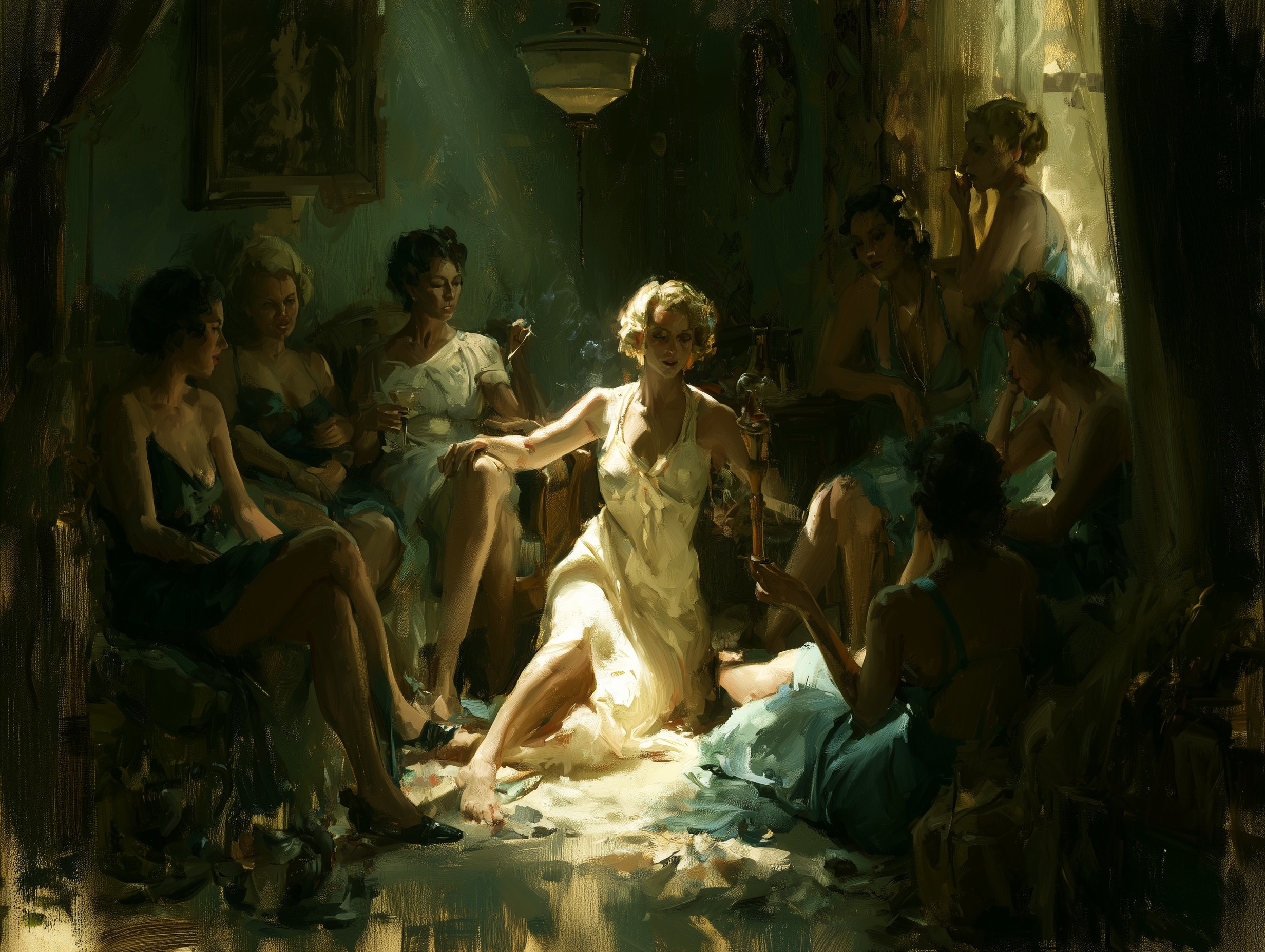 A gathering of women in a dimly lit parlor — the secrets of Sunset Lodge